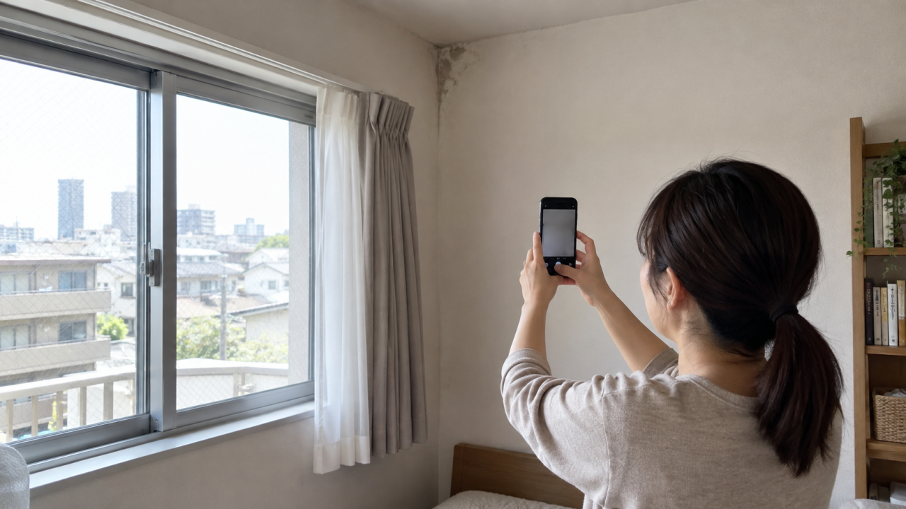 窓際の壁を写真に残す住人