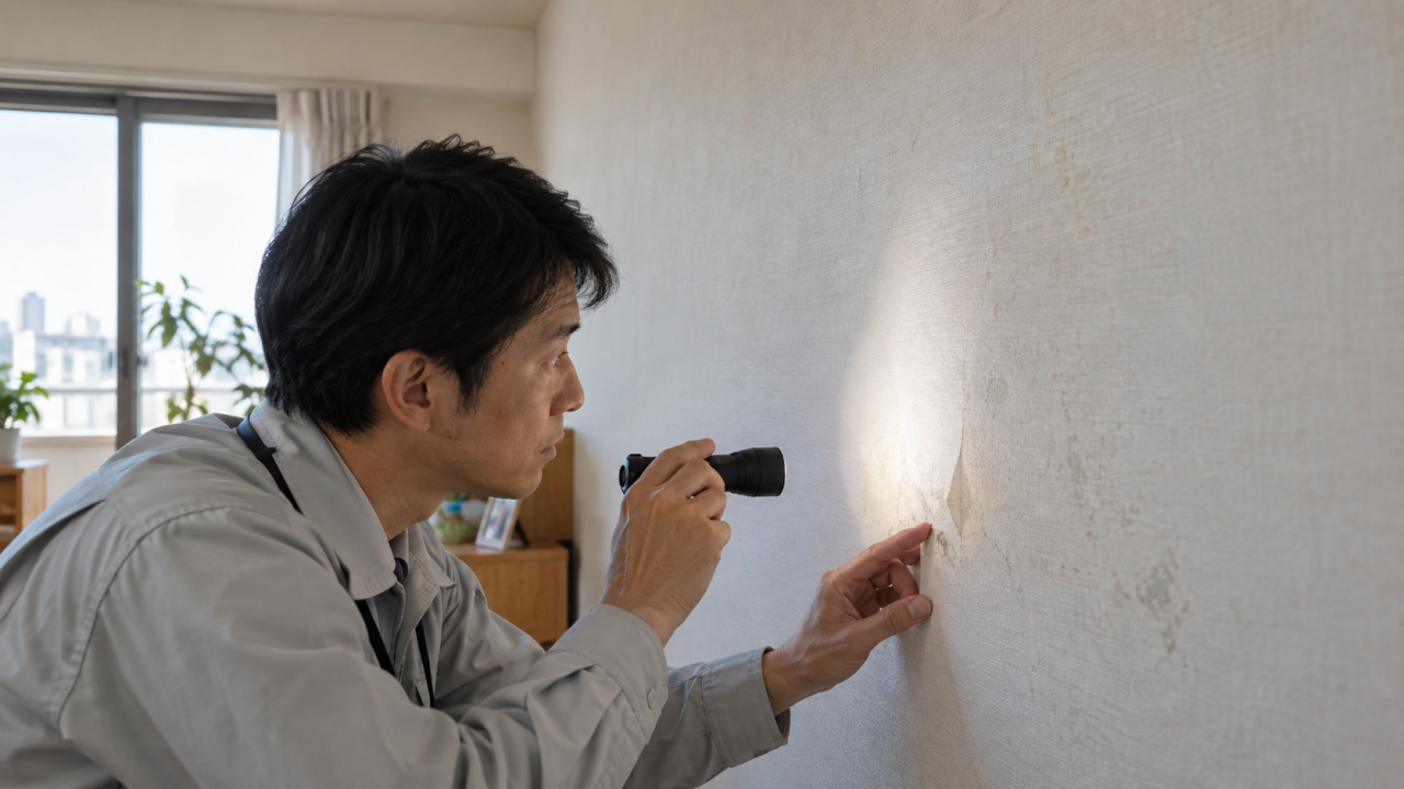 壁紙の浮きと染みを確認する調査員