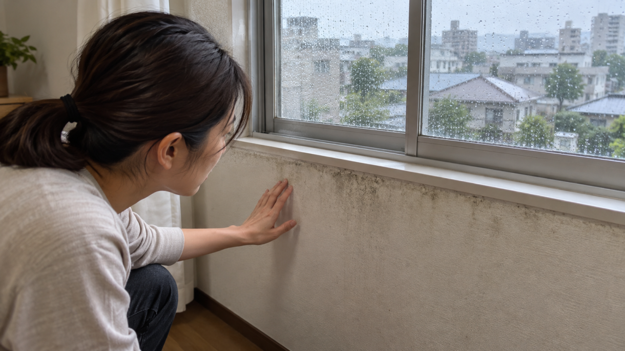 雨の日の窓下の壁を確認する住人