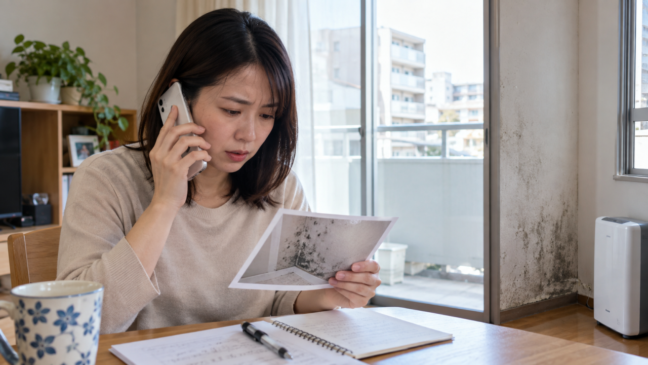 写真を見ながら管理会社へ電話する住人