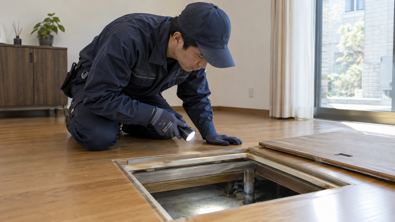点検口から床下を確認する専門作業員