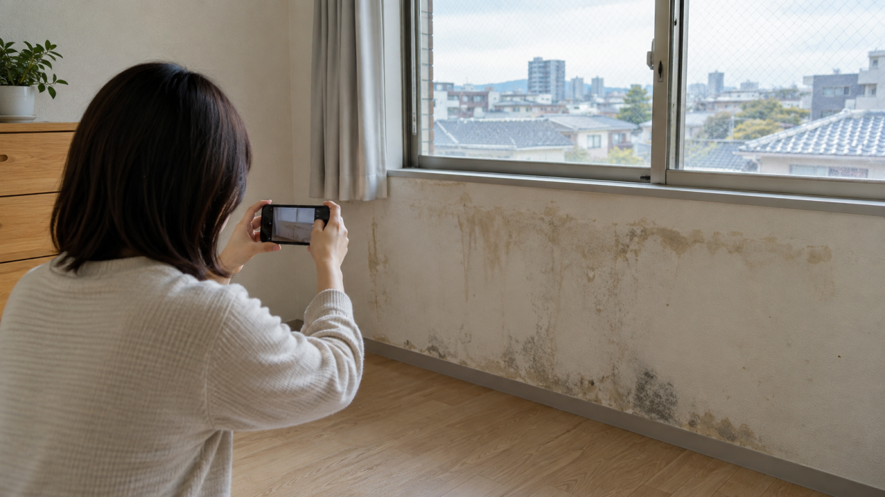 窓下の染みを離れて撮影する住人
