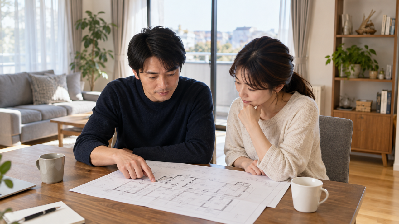 間取り図で家具の配置を考える夫婦