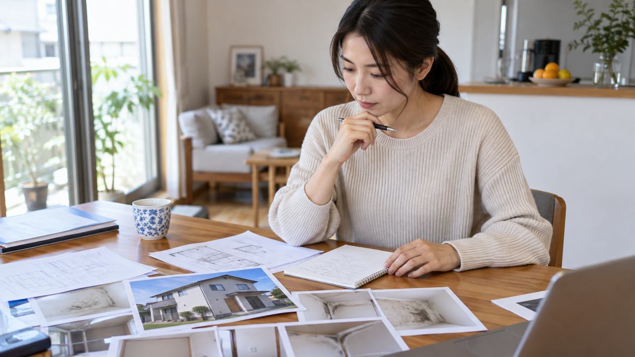 建物の写真と相談用のメモを整理する女性
