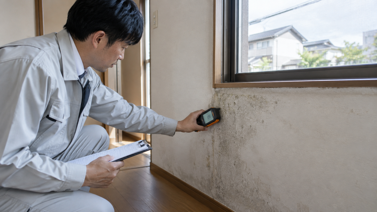 壁面の水分を測定する住宅調査員