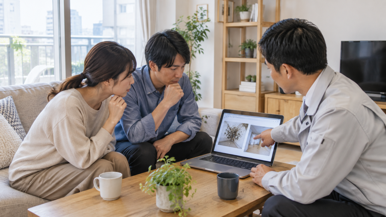 住宅の写真を専門担当者と確認する夫婦
