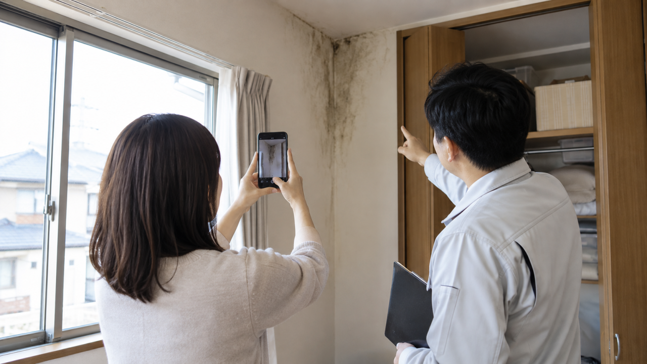壁の染みを写真に残し専門担当者に相談する住人