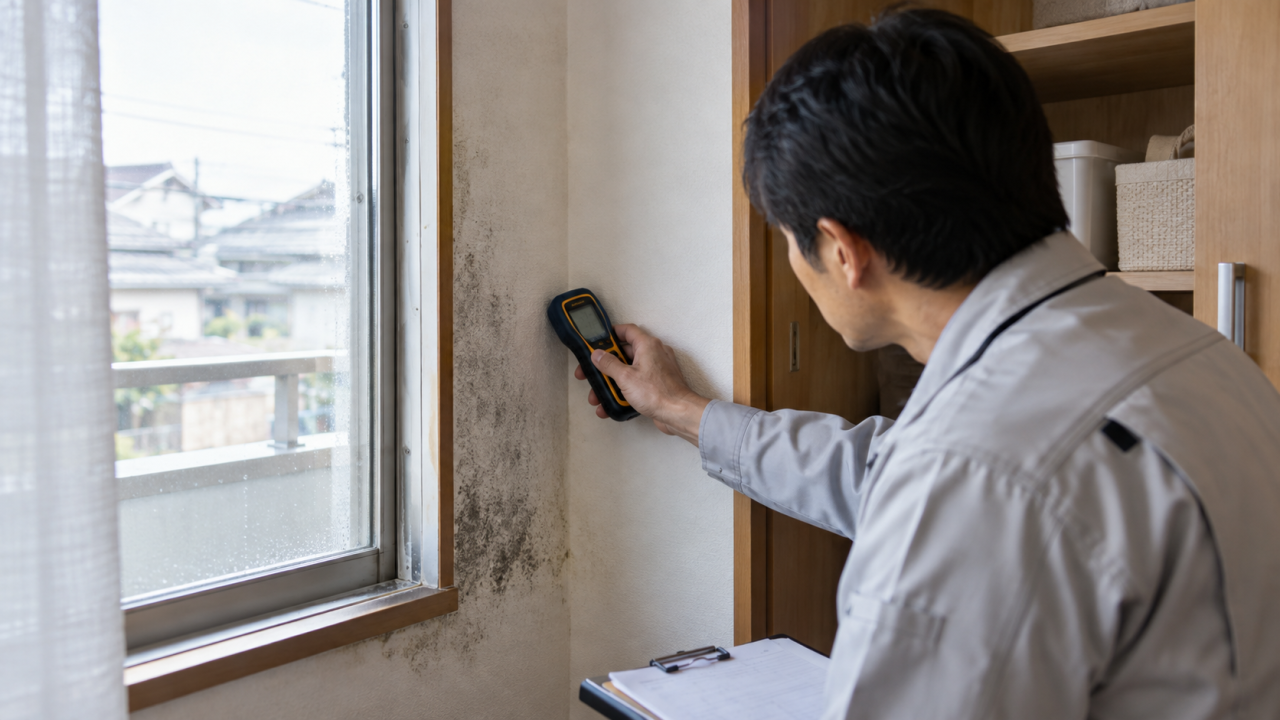 窓脇の壁の水分を測定する調査員