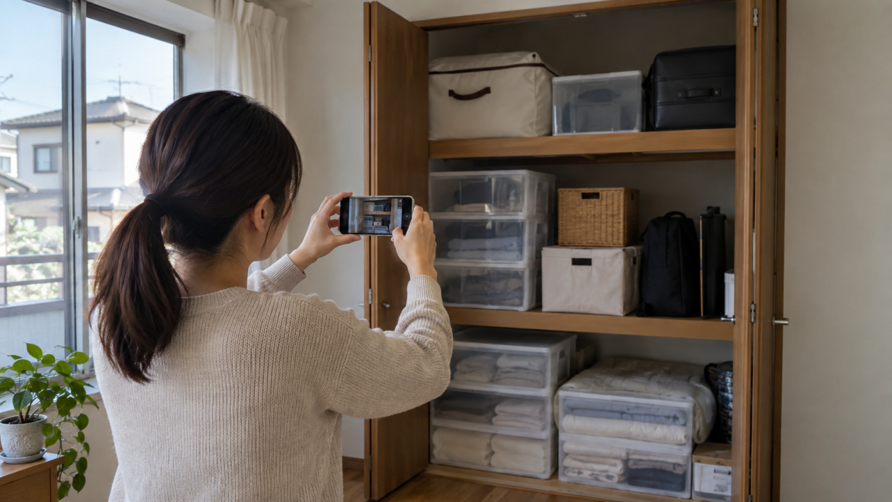 収納の奥と荷物の配置を撮影する住人