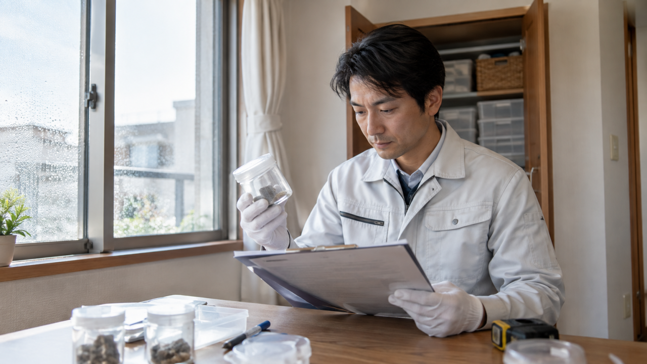 密閉した試料と検査書類を確認する担当者