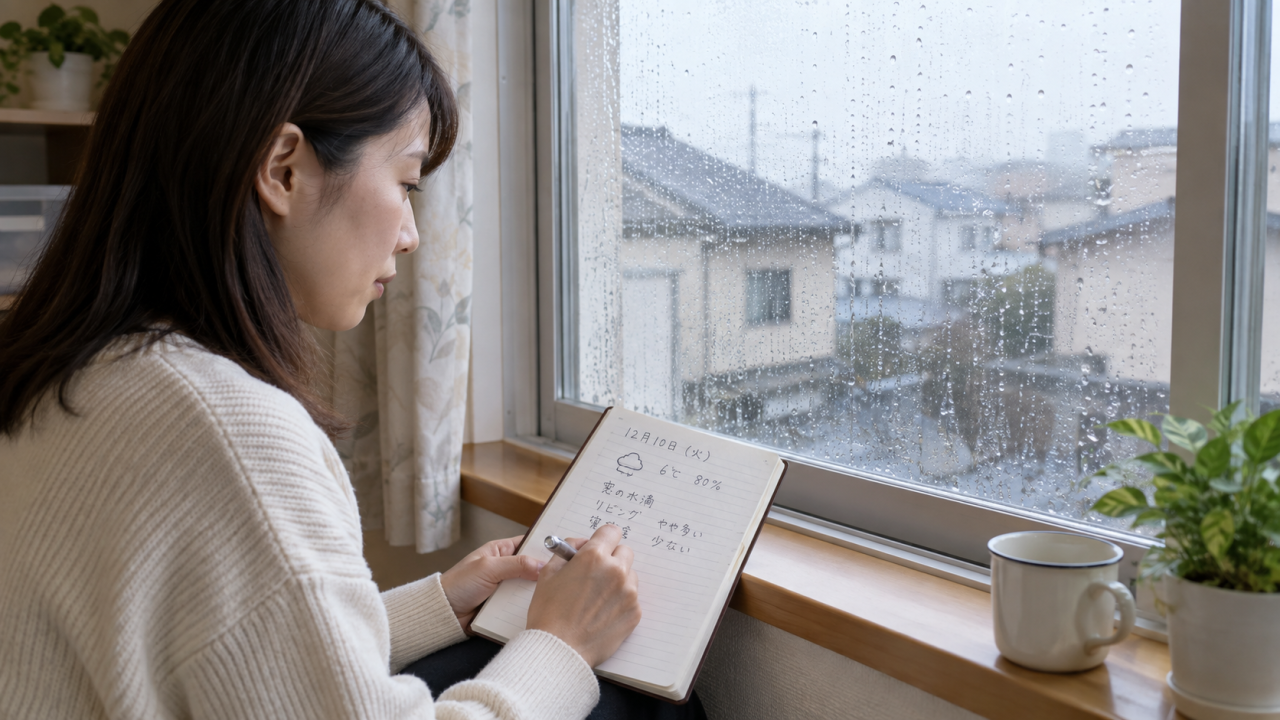 窓際で天候と水滴の状態を記録する女性