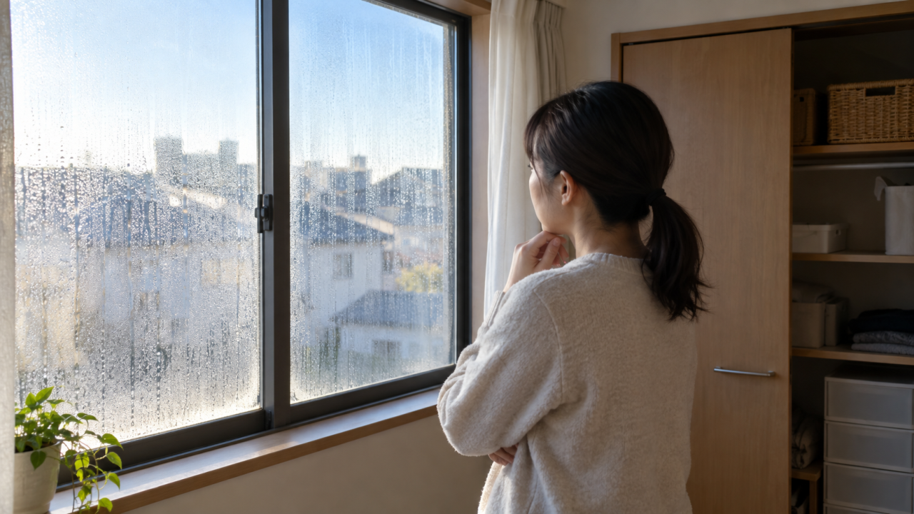 窓の水滴と窓際の状態を観察する住人