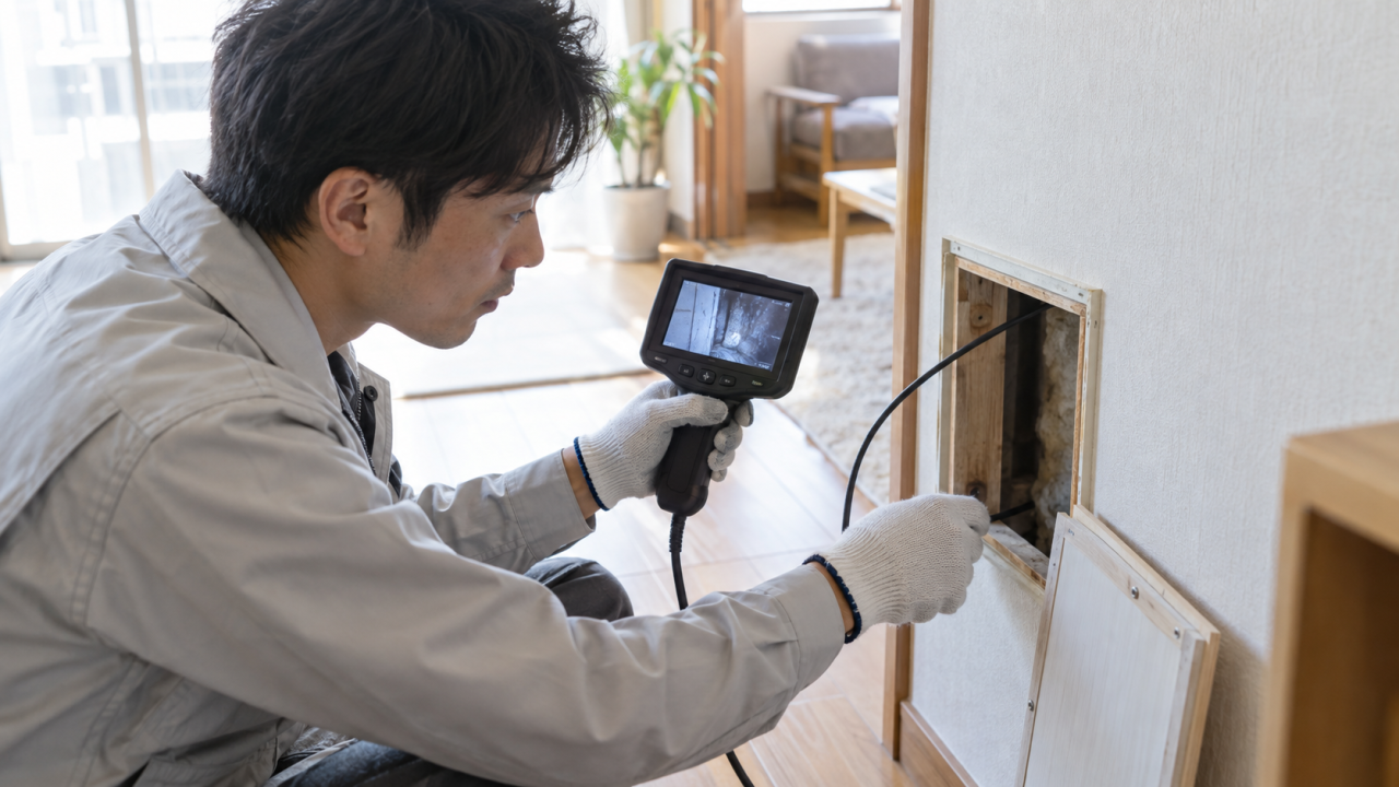 点検口から内視鏡で壁の内部を確認する調査員