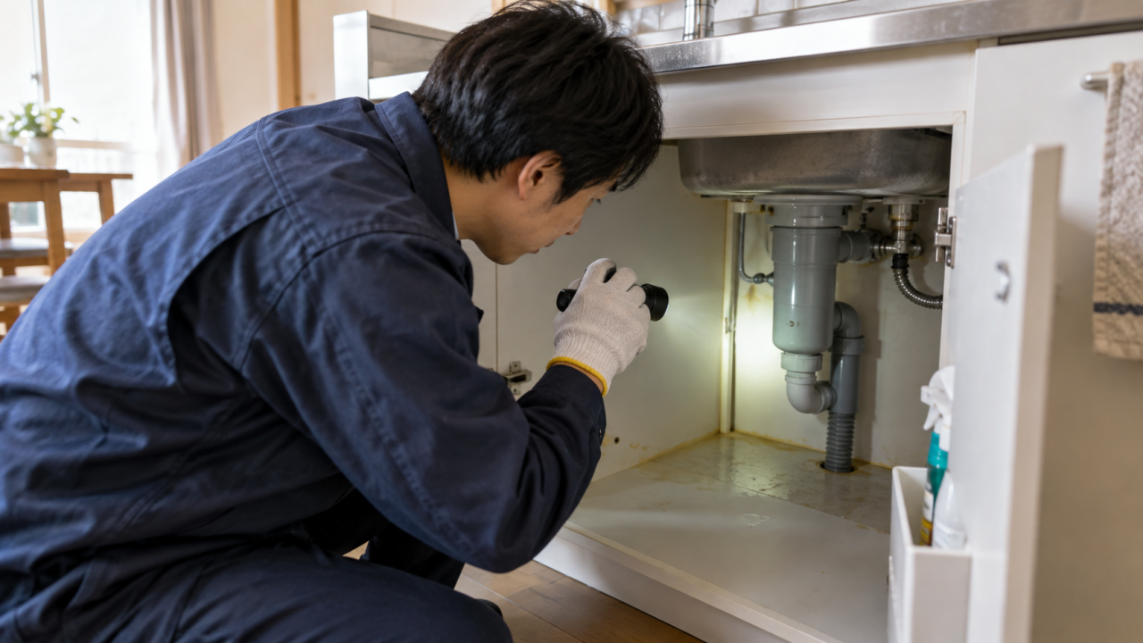 流し台下の配管と水跡をライトで点検する作業員