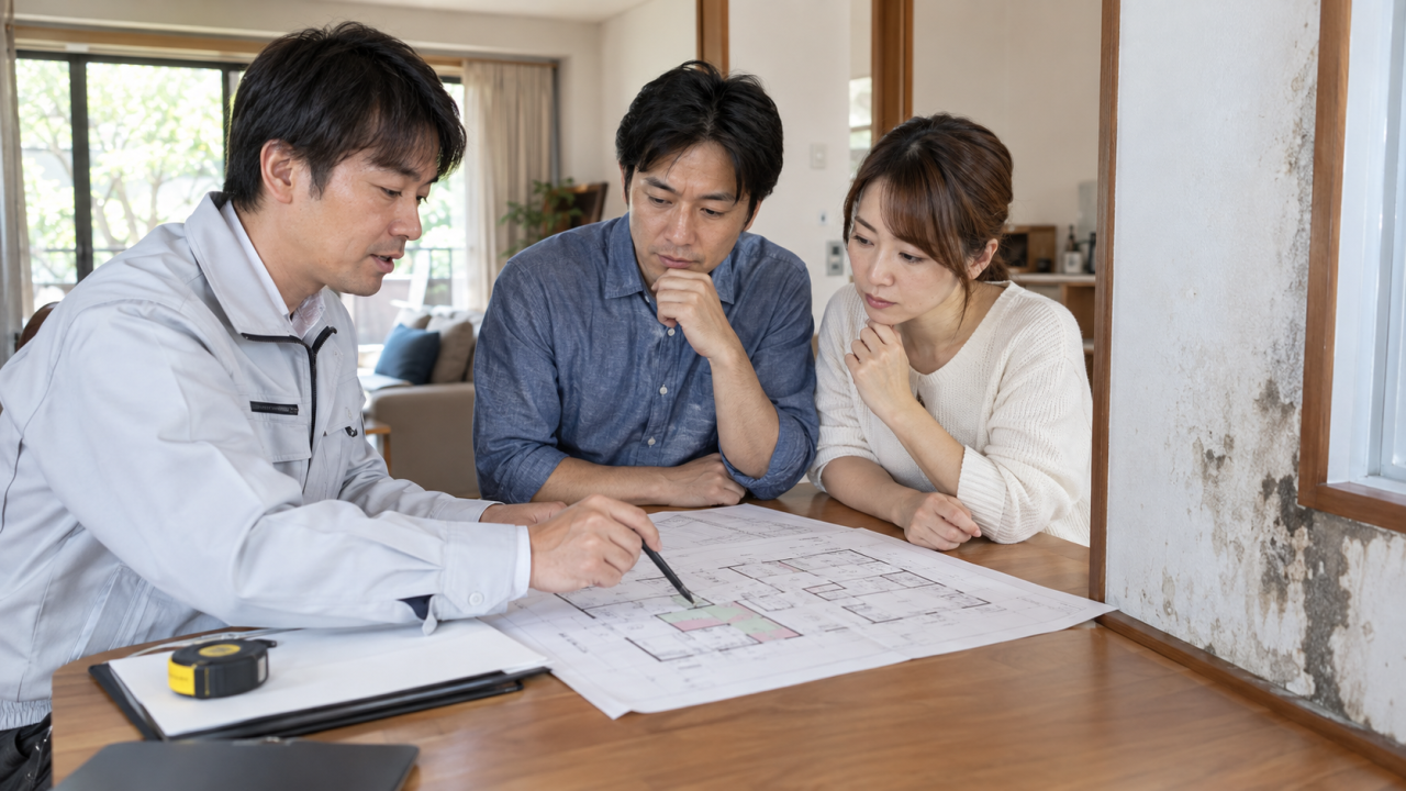 図面で施工範囲を確認する担当者と夫婦