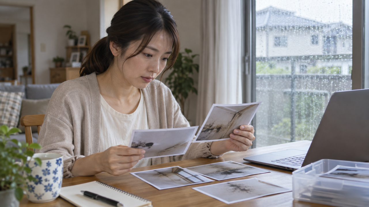調査前に住宅の写真を整理する女性