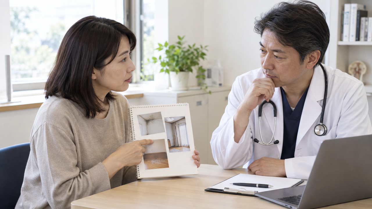 住環境の記録を示して医師に相談する女性