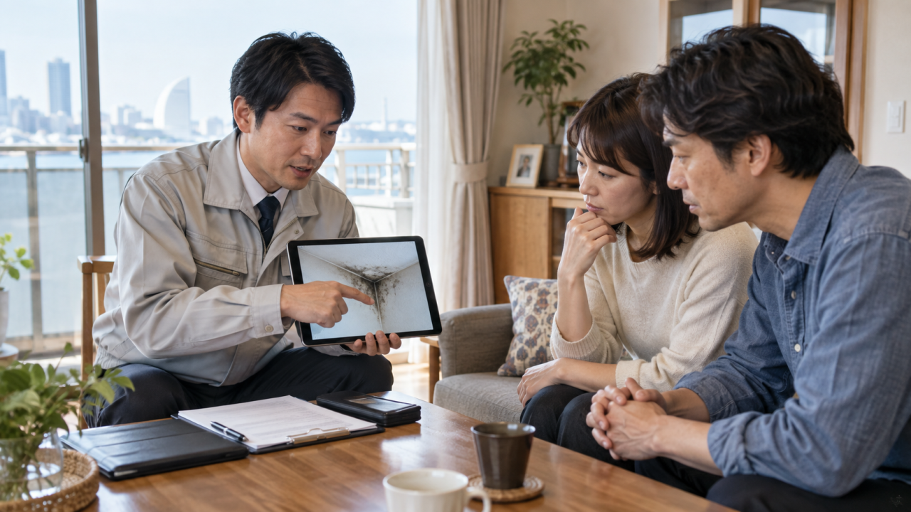 室内の写真を見ながらカビ調査を相談する夫婦