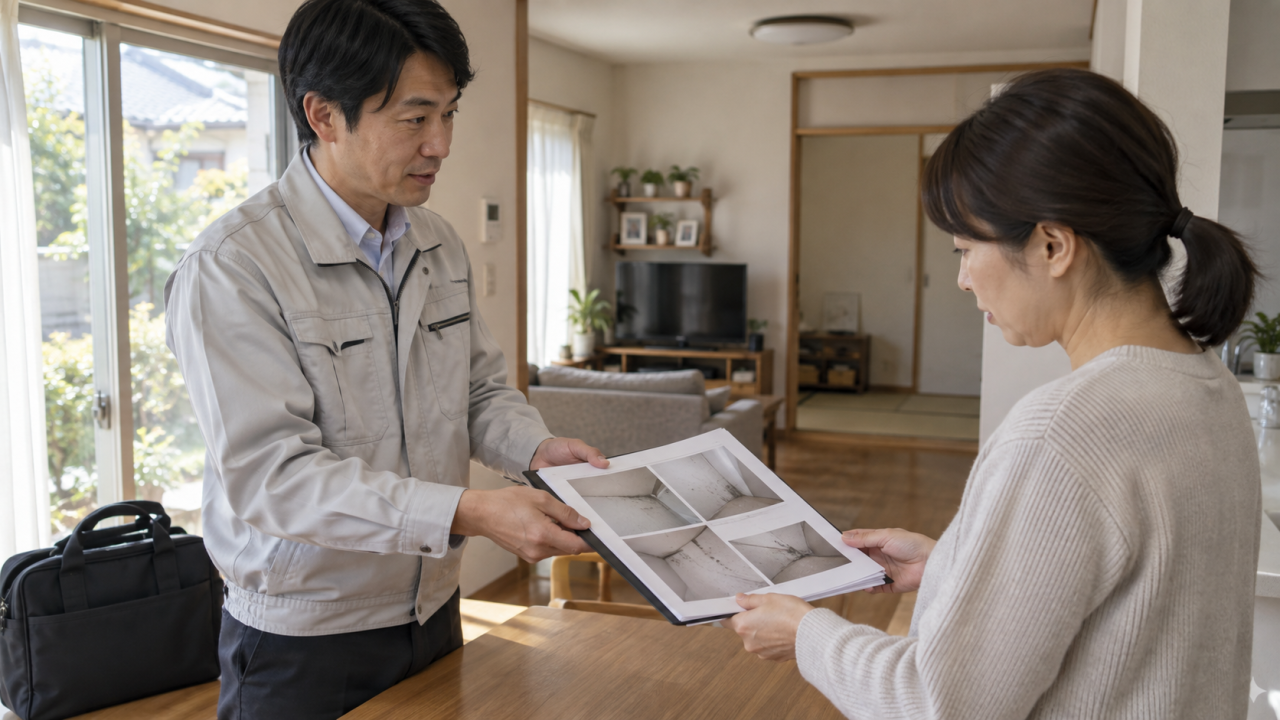 作業範囲の写真報告書を住人へ渡す担当者