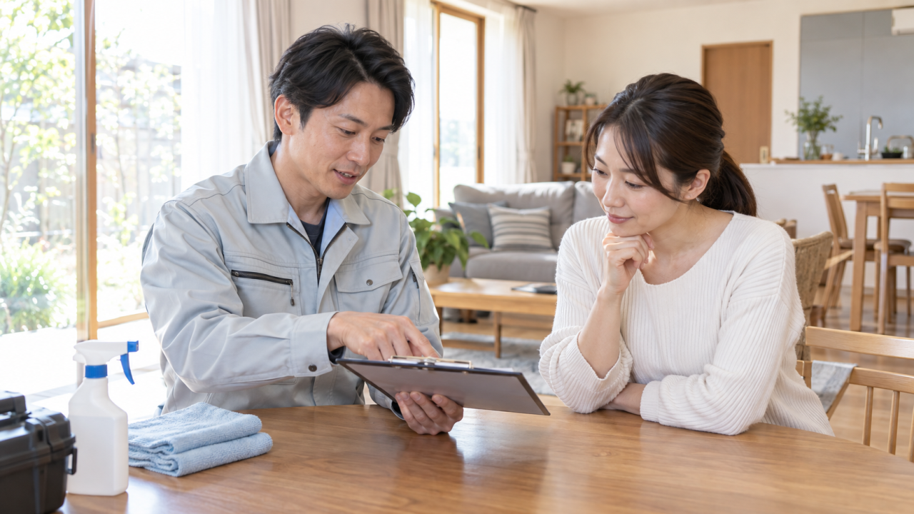 施工後の手入れについて担当者と確認する住人