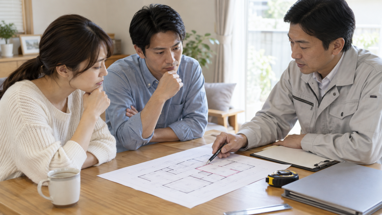間取り図で作業対象を確認する住人と担当者