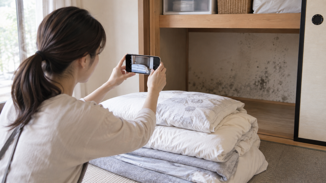 押入れの壁と寝具を写真に記録する女性