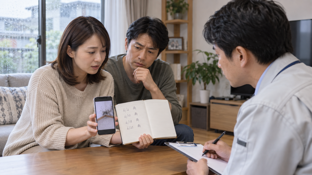 雨の日と住宅の変化を記録したメモで相談する夫婦