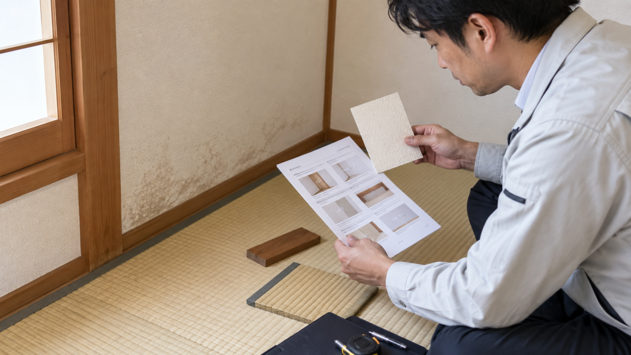 和室の壁紙や畳などの素材を確認する担当者
