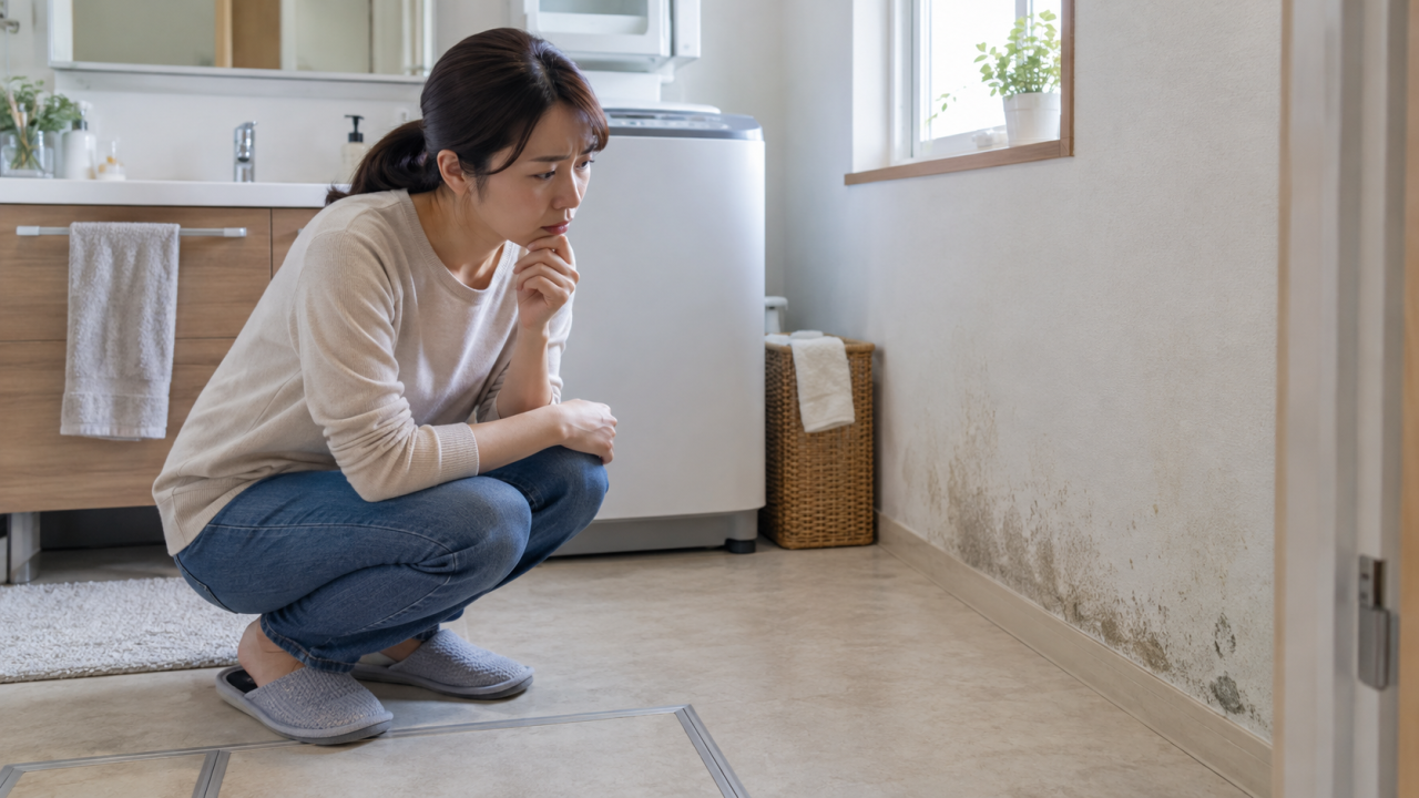 洗面所の壁と床の状態を離れて観察する住人