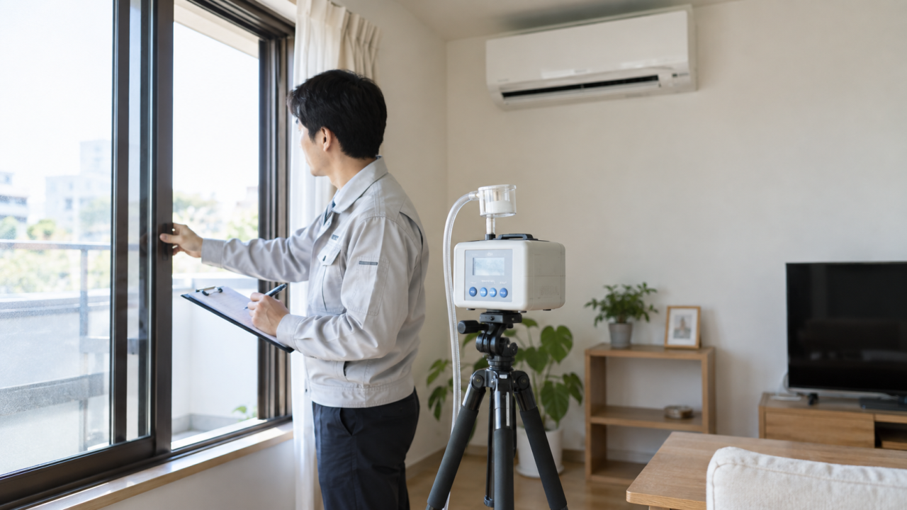 採取装置の近くで窓や空調の条件を確認する担当者