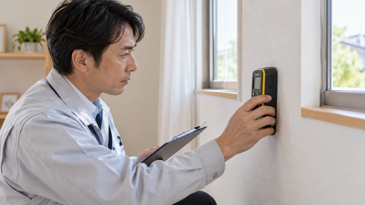 窓の近くの壁に非破壊式水分計を当てる調査員
