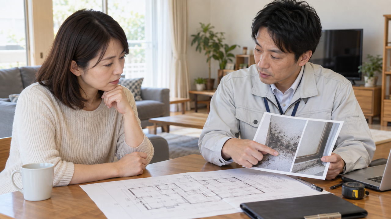 住宅の写真と図面を使って検査の目的を相談する住人と調査員