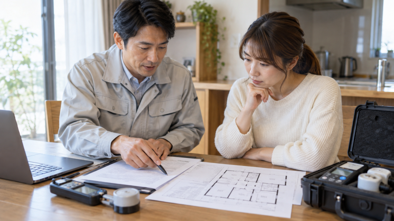見積書と間取り図で調査範囲を確認する住人と担当者