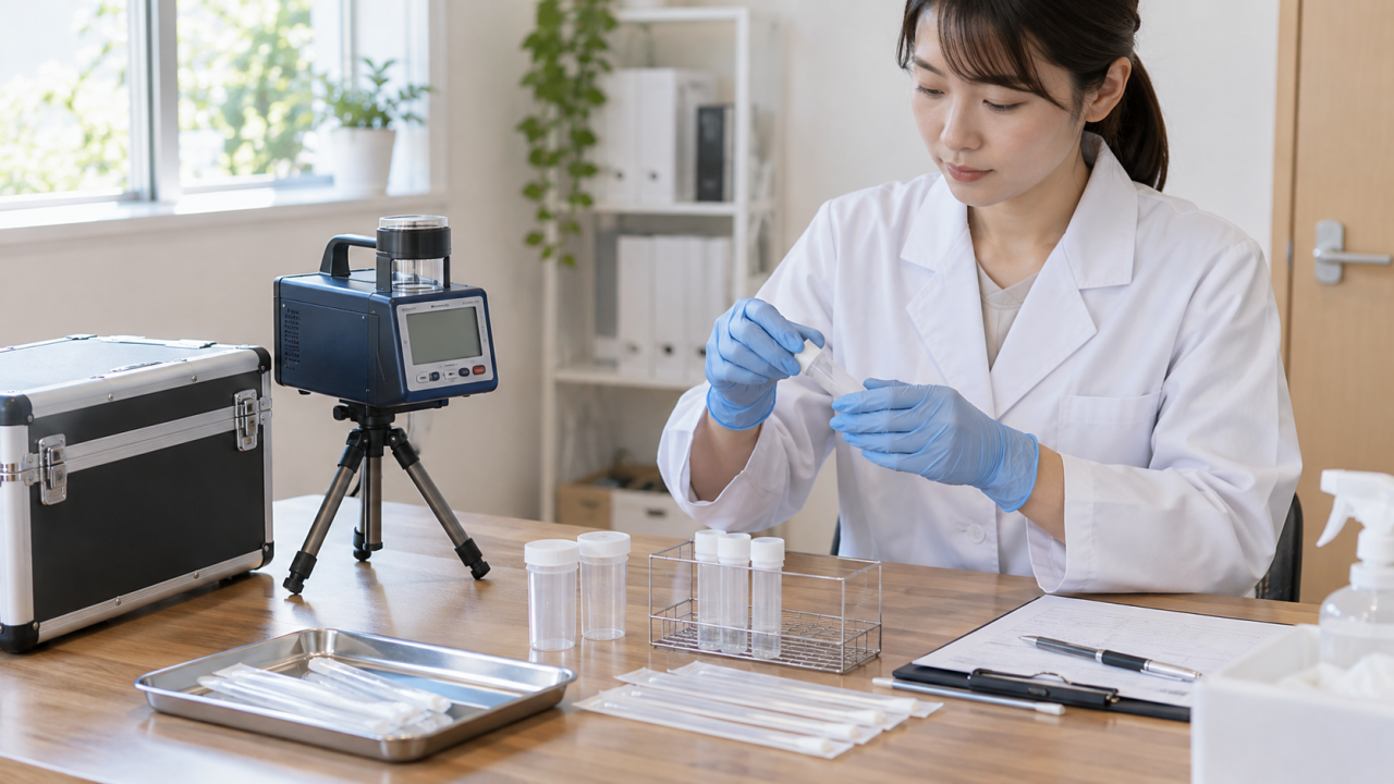 採取器と容器を準備する検査担当者