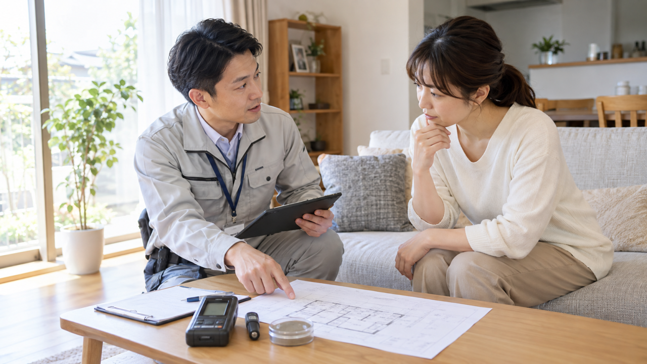 住宅の調査範囲と次の確認を相談する住人と担当者