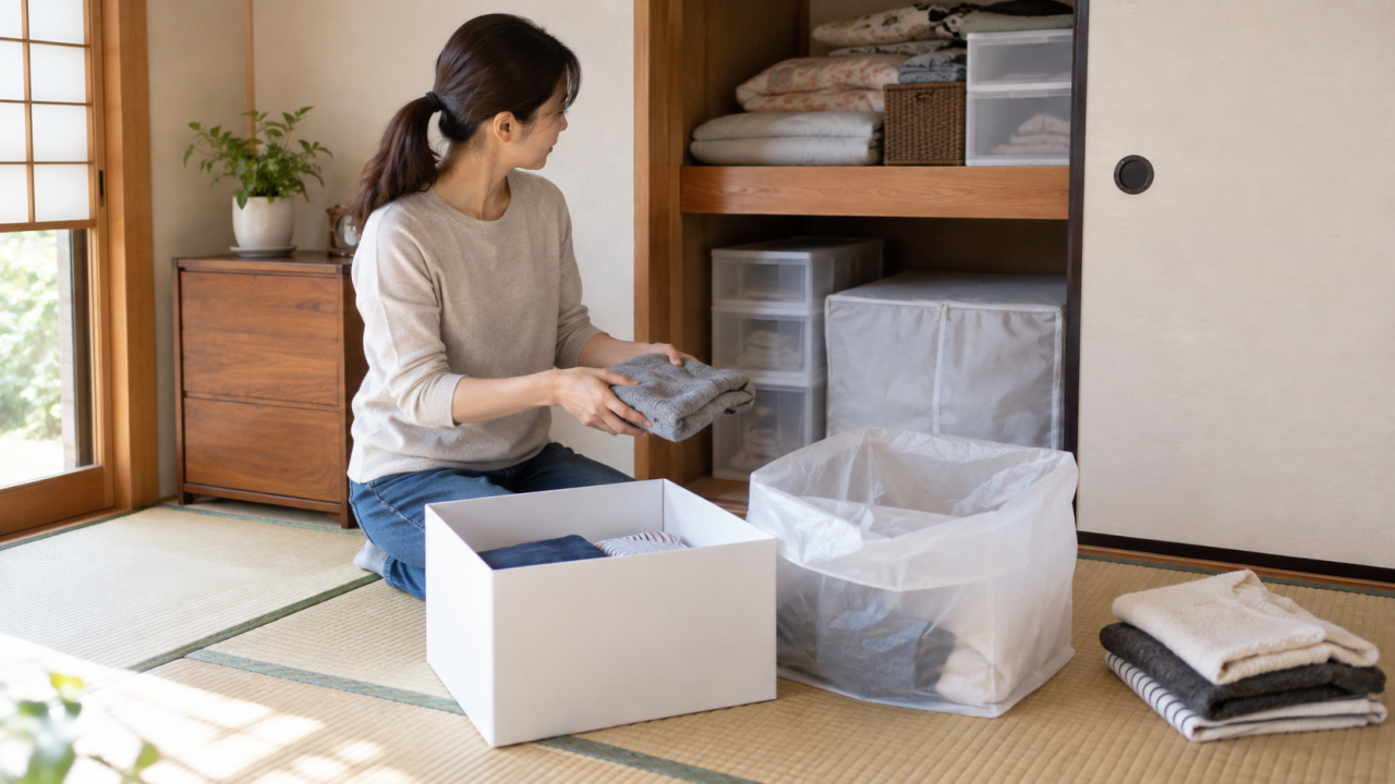 押入れの衣類を箱や袋に分けて整理する女性