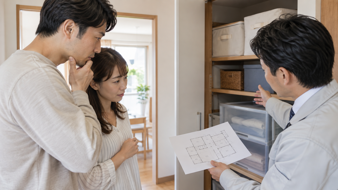 収納と間取り図を見ながら調査を相談する住人と担当者