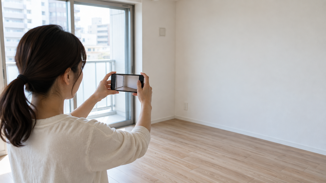 家具を置く前の部屋の壁と床を撮影する女性