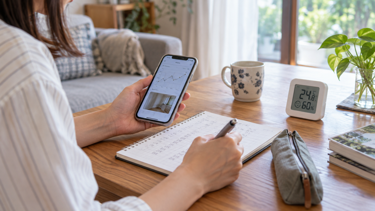 スマートフォンとノートに住宅の状態を記録する手元