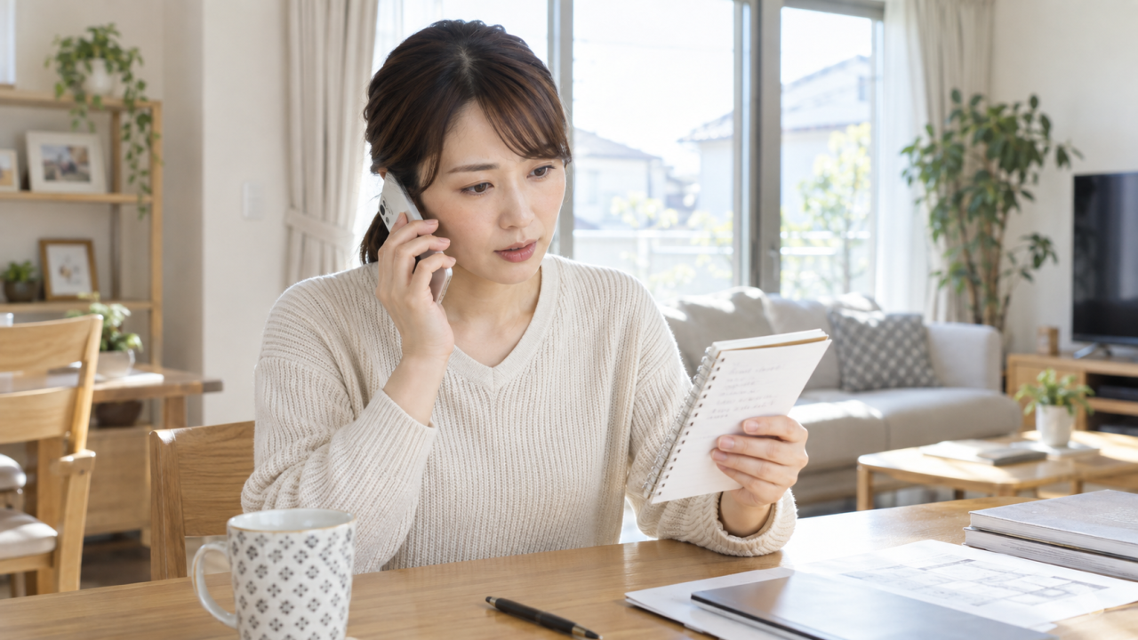 経過のメモを確認しながら電話で相談する女性
