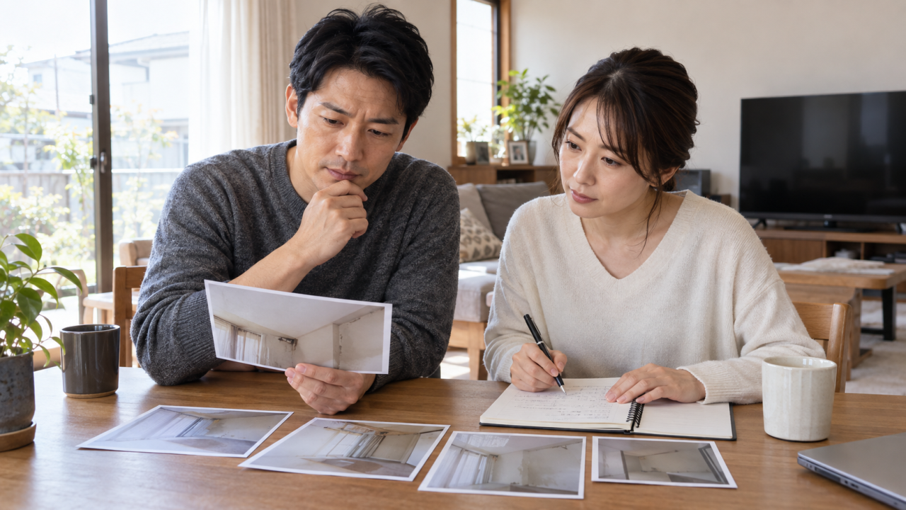 住まいの以前と最近の写真を見て経過を整理する夫婦