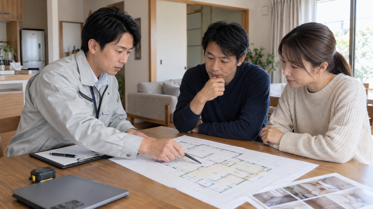 間取り図で作業範囲を確認する住人と住宅担当者