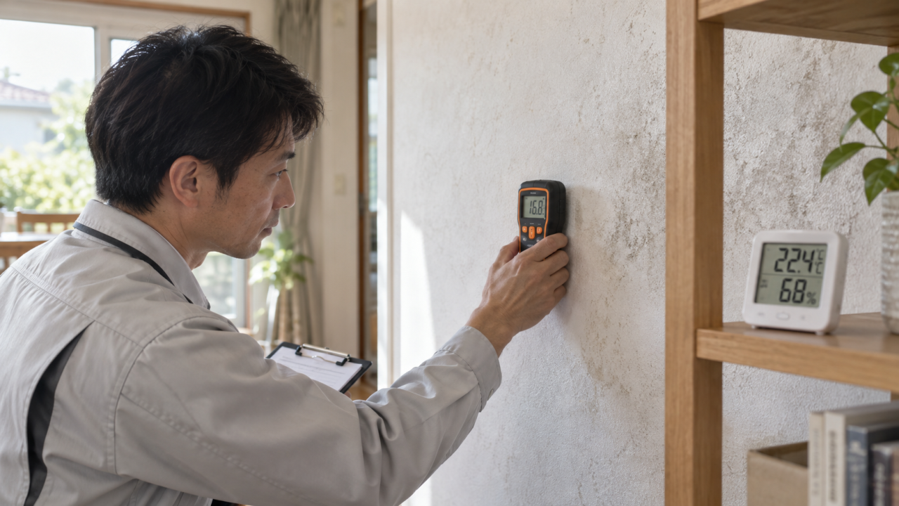 壁の水分を確認する住宅担当者と室内の湿度計