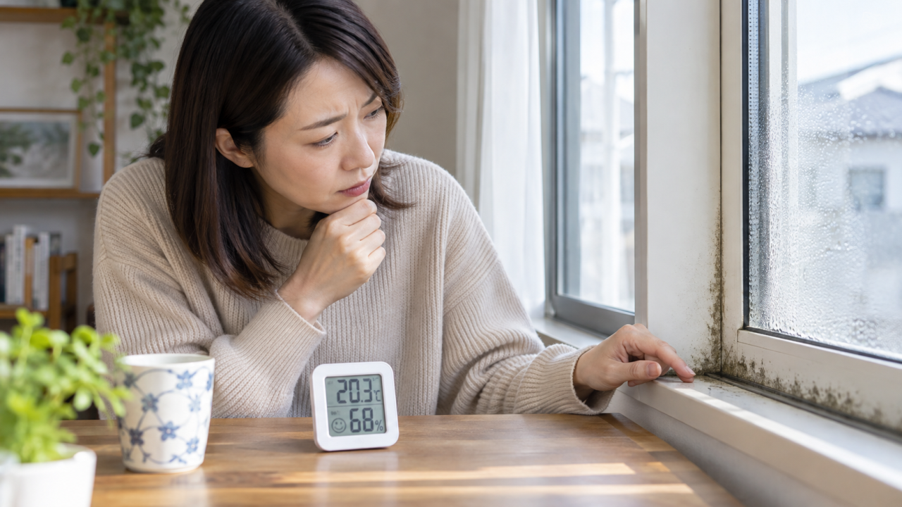 窓の水滴と室内の湿度計を見比べる女性
