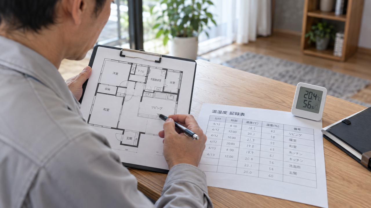 図面と測定結果を机で記録する手元
