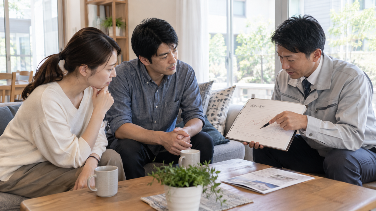 住宅の状態について記録を見ながら相談する住人と担当者