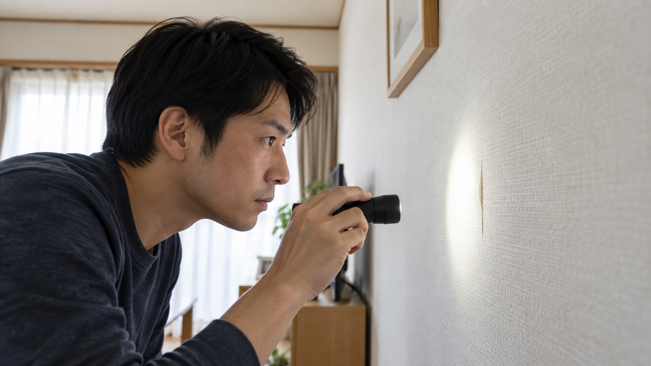 壁紙の浮きをライトで目視確認する男性