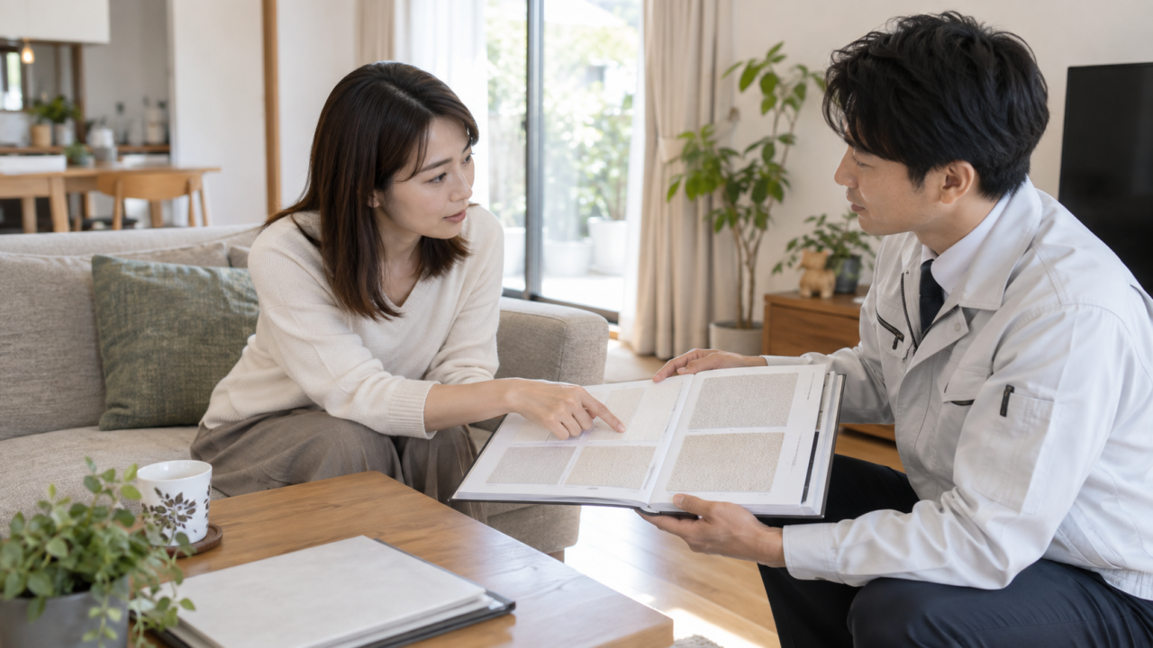 壁紙サンプルを見ながら内装担当者へ質問する女性
