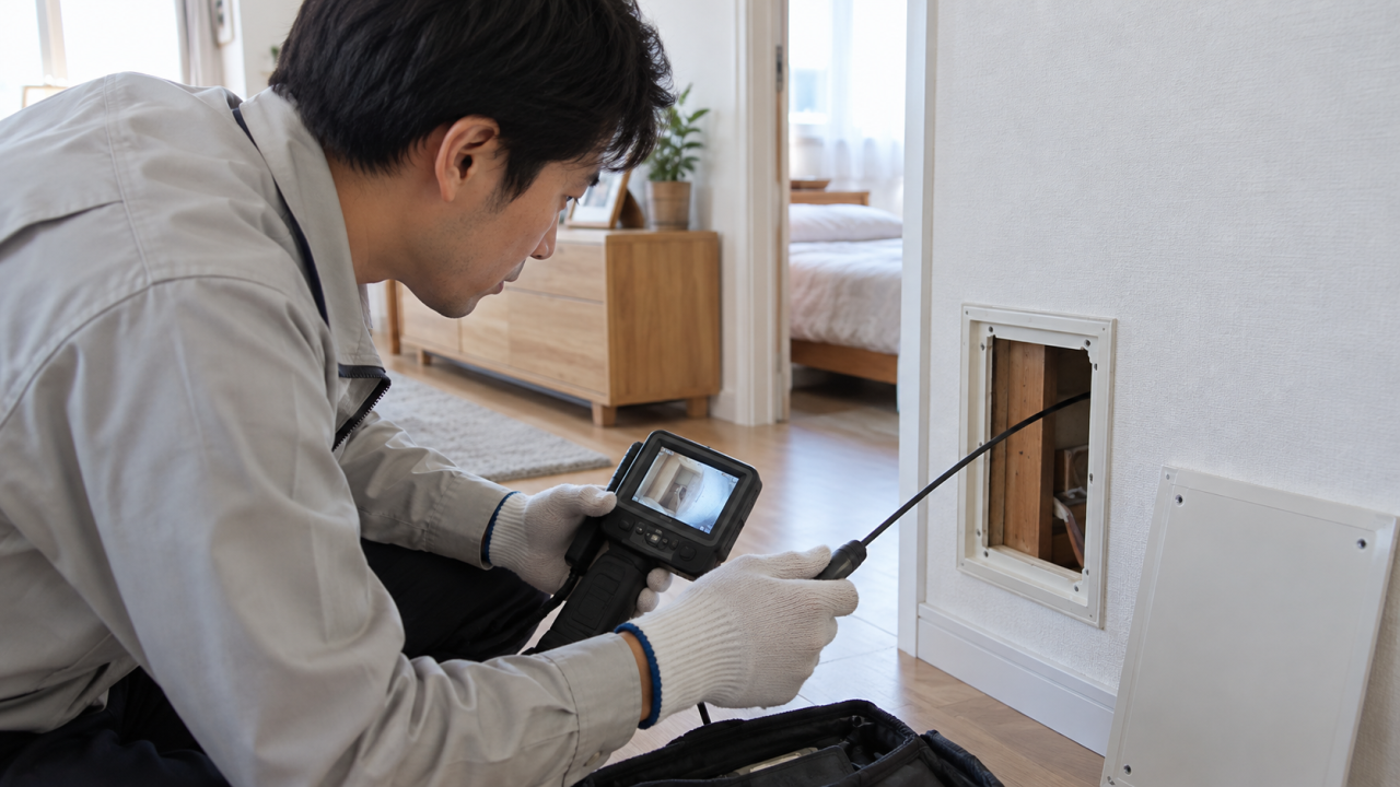 既存の点検口から検査カメラで確認する住宅担当者