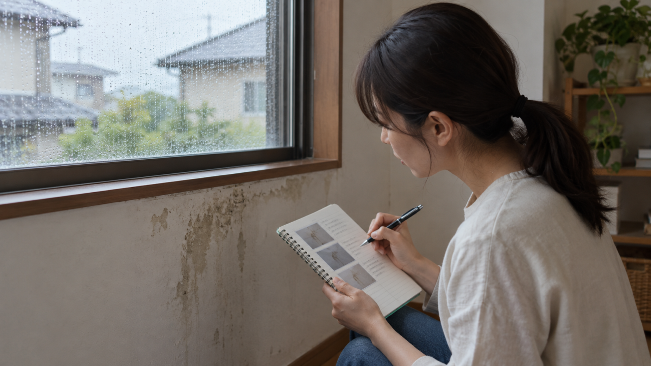 雨の日に壁の染みの経過を記録する女性
